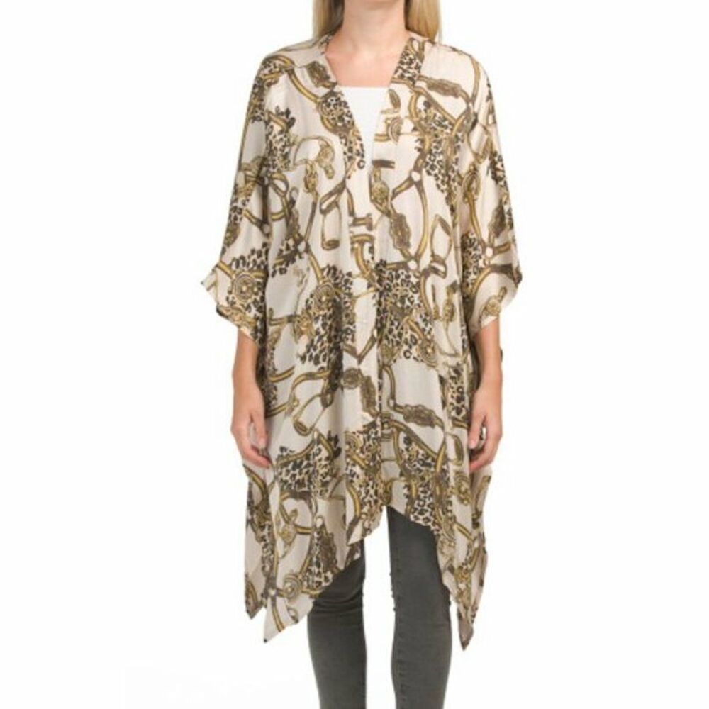 Upload Italian Mix Print Silk Blend Kimono Tunic Open Front Top